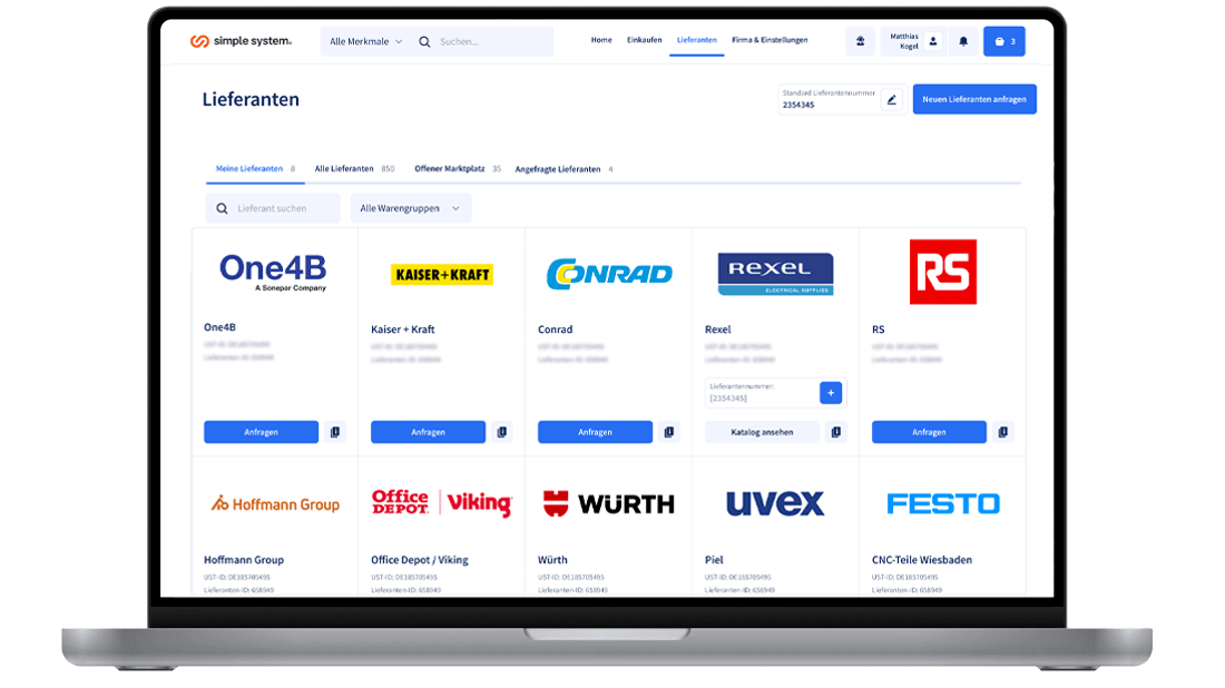 Lieferantenübersicht in der E-Procurement-Plattform simple system