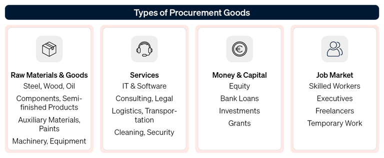 Infographic showing the various types of procurement goods: raw materials, services, capital, and labor.
