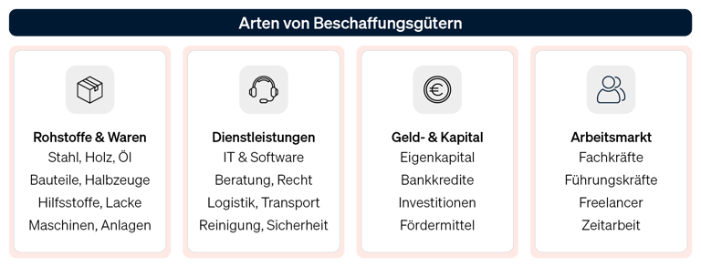Infografik, die die verschiedenen Arten von Beschaffungsgütern zeigt: Rohstoffe, Dienstleistungen, Kapital und Arbeit.