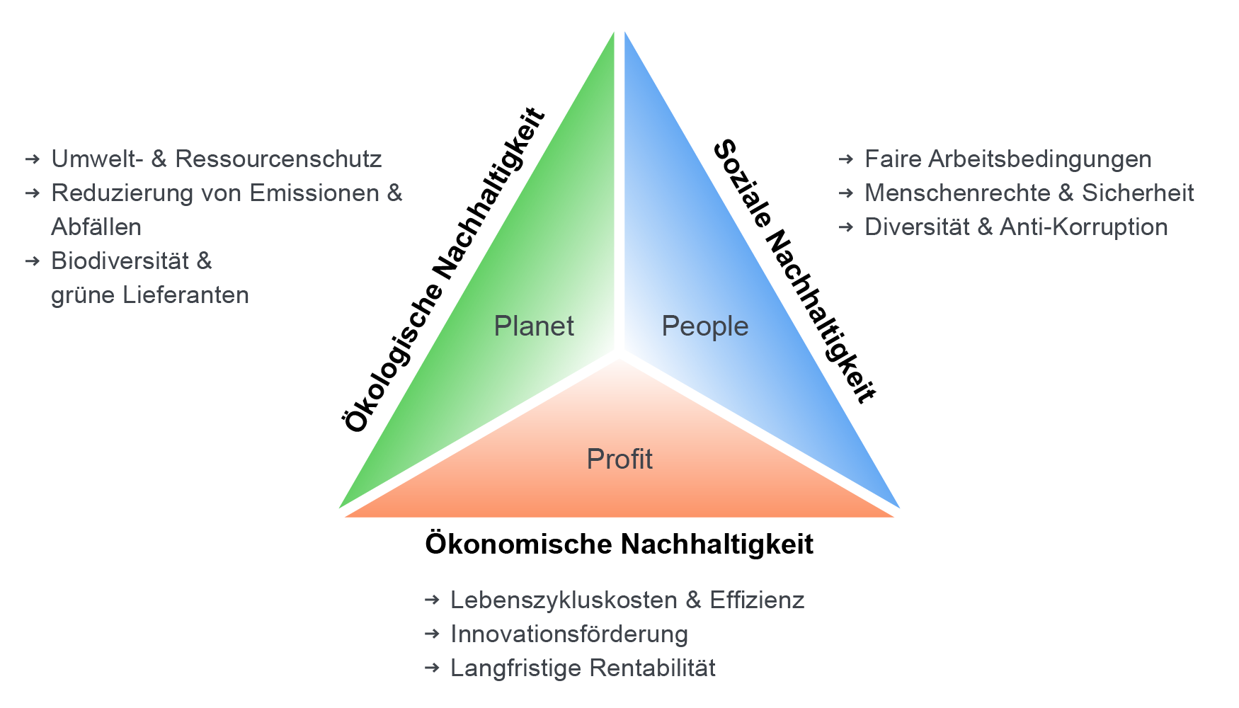 Eine Infografik, welche die drei Säulen des Sustainable Procurement – ökologisch, sozial und ökonomisch – als gleichwertige Pfeiler darstellt.