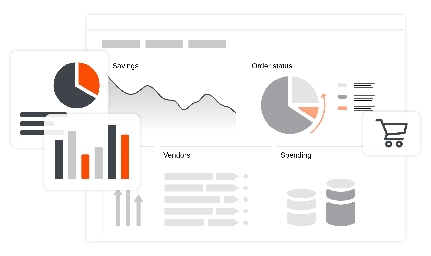 Dashboards of an e-procurement solution with clear charts on spend, vendors and order status.