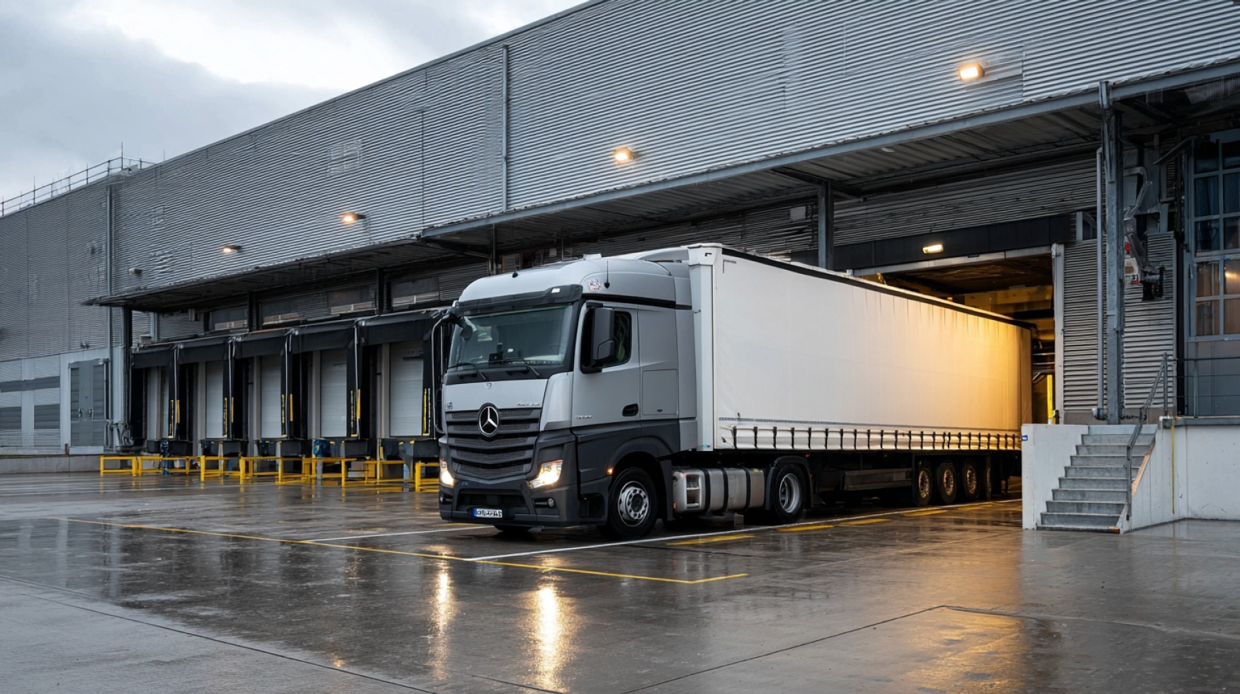 Ein LKW wird an der Laderampe eines Logistikzentrums beladen, was die Wichtigkeit der Lieferbedingungen im Lieferantenvertrag symbolisiert.